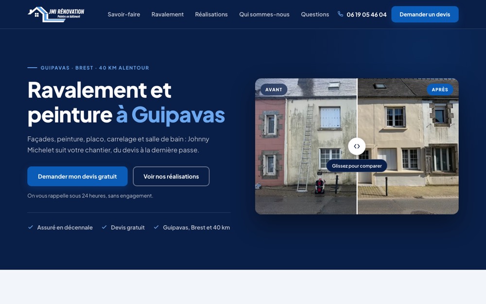 Site de JMI Rénovation : ravalement et peinture à Guipavas, avec un avant et après de façade et le bouton « Demander mon devis gratuit »