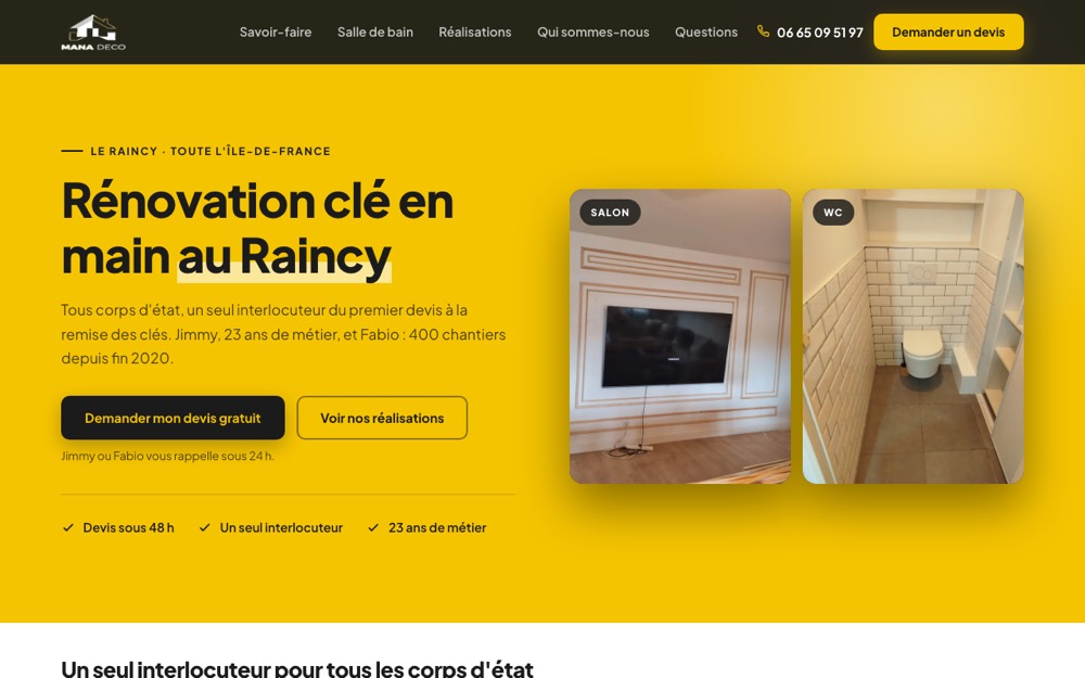 Site de Mana Deco : rénovation clé en main au Raincy, avec des photos de salon et de WC rénovés et le bouton « Demander mon devis gratuit »